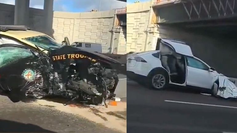 Miami: Un Tesla queda destruido tras impactar a una Patrulla de Carreteras dejando a un oficial herido