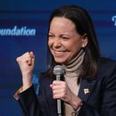 La líder de la oposición venezolana, María Corina Machado, habla en la Fundación Heritage, un centro de estudios conservador, el viernes 16 de enero de 2026, un día después de reunirse con el presidente de EEUU, Donald Trump, y miembros del Congreso, en el Capitolio, en Washington. (AP Foto/J. Scott Applewhite)