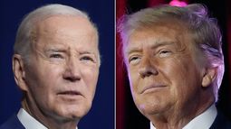 El presidente Joe Biden (i) en 10 de agosto de 2023 en Salt Lake City, y el expresidente Donald Trump (d) el 8 de julio de 2023 en Las Vegas. (Foto AP)