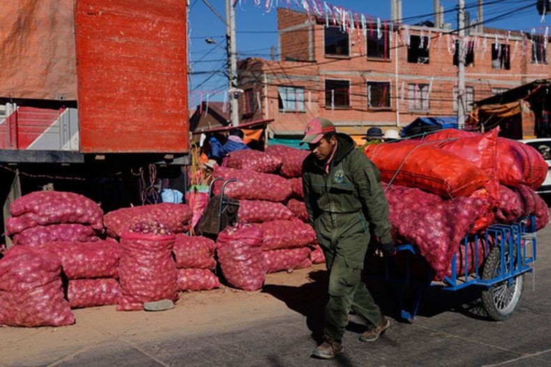 Un cargador transporta sacos de cebollas en una carretilla en un mercado callejero de El Alto, Bolivia, el jueves 3 de septiembre de 2026. (AP Foto/Juan Karita)