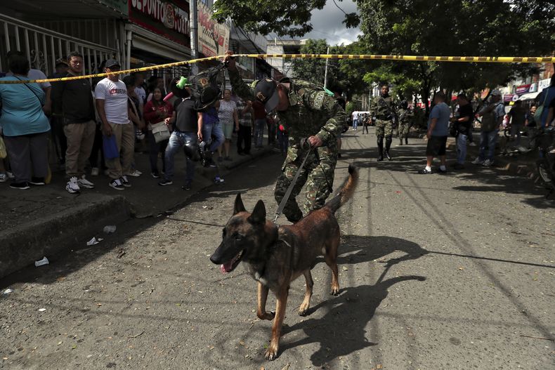 Un soldado y un perro ingresan al lugar donde explotó una bomba en Cali, Colombia, el martes 10 de junio de 2025. (Foto AP/Santiago Saldarriaga)