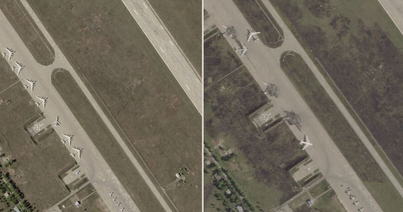 Esta combinación de imágenes satelitales de Planet Labs PBC muestra en el lado izquierdo la Base Aérea Belaya ubicada en la región de Irkutsk, en el este de Siberia, Rusia, el 17 de mayo de 2025, y en el lado derecho muestra los daños en la base días después de un ataque con drones de Ucrania, el miércoles 4 de junio de 2025. (Planet Labs PBC vía AP)