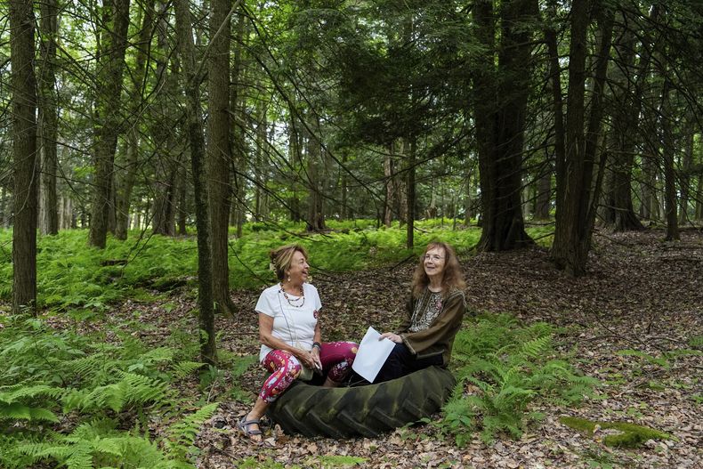 Ellen Shelburne y Beverly Cookie Grant se sientan en el columpio de neumático original de la Feria de Arte y Música de Woodstock en el Centro para las Artes Bethel Woods, el viernes 14 de junio de 2024, en Bethel, Nueva York. (Foto AP/Julia Nikhinson)