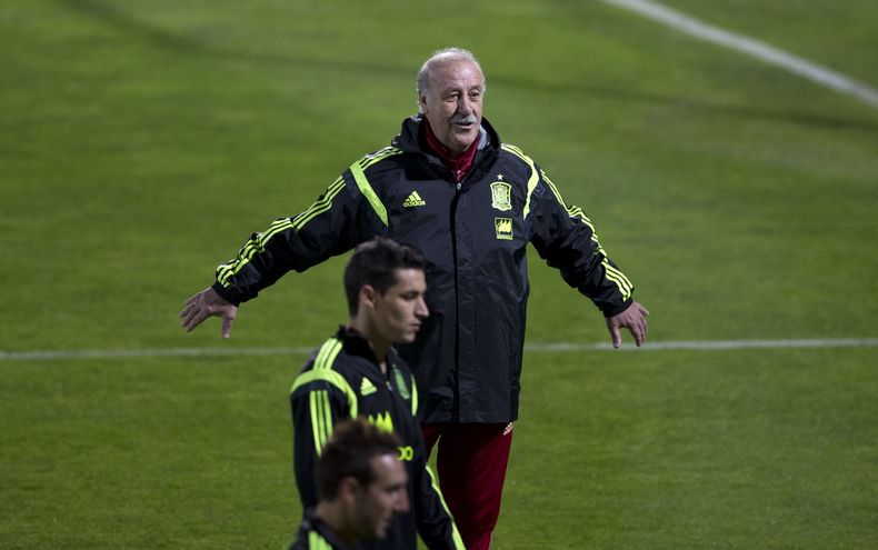 El t&eacute;cnico de la selecci&oacute;n de Espa&ntilde;a, Vicente Del Bosque, gesticula en un entrenamiento el jueves, 14 de noviembre de 2013, en Madrid. (AP Photo/Paul White)