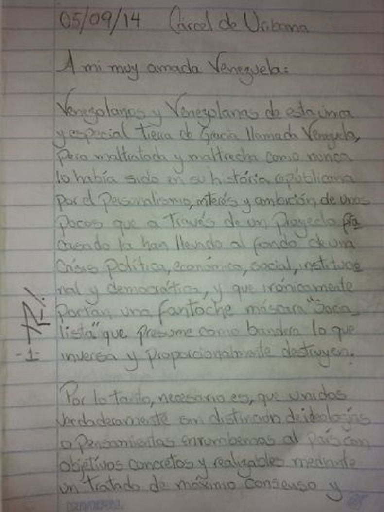 Raúl Emilio Baduel, detenido y encarcelado  tras participar en una protesta pacífica, escribe desde la prisión de Uribana una carta a los venezolanos.  Baduel llama a la unión de todos los venezolanos honestos para luchar pacífica y constitucionalmente co