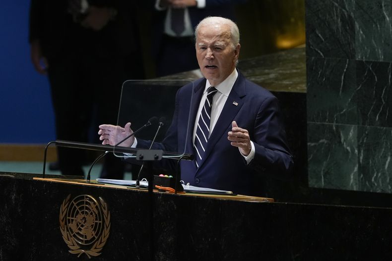 El presidente estadounidense Joe Biden habla ante la 79ª sesión de la Asamblea General de Naciones Unidas, el martes 24 de septiembre de 2024, en la sede de la ONU. (AP Foto/Manuel Balce Ceneta)