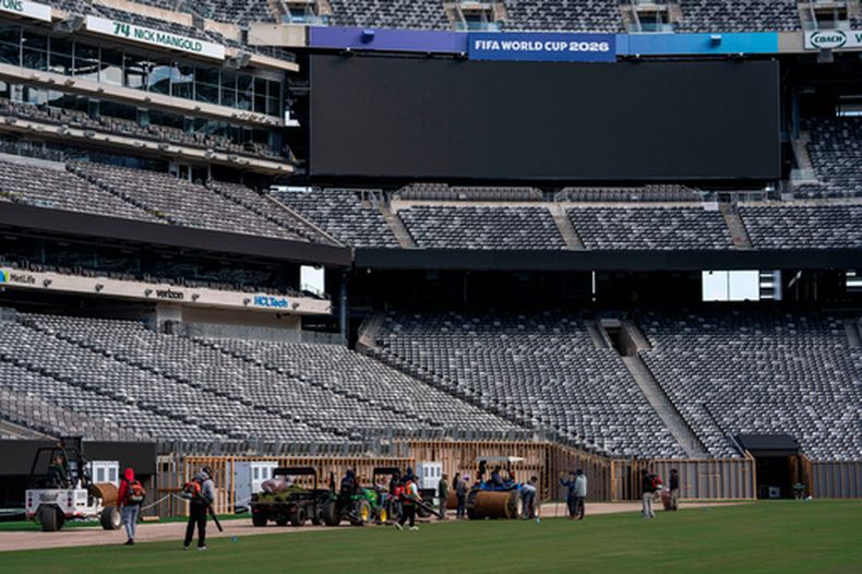 Una cuadrilla de trabajadores instala el césped que se utilizará en el Mundial en East Rutherford, Nueva Jersey, el jueves 7 de mayo de 2026 (AP Foto/Yuki Iwamura)