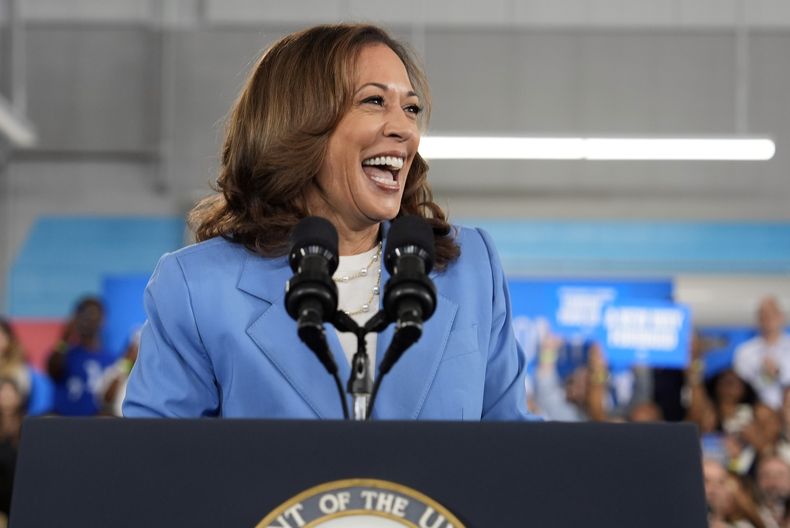 La candidata presidencial demócrata Kamala Harris sonría durante un acto de campaña en el campus Scott Northern Wake del Wake Tech Community College, en Raleigh, Carolina del Norte, el viernes 16 de agosto de 2024. (AP Foto/Julia Nikhinson)