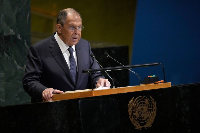 El ministro de Asuntos Exteriores de Rusia, Serguéi Lavrov, habla en la 80ma sesión de la Asamblea General de las Naciones Unidas, el sábado 27 de septiembre de 2025, en la sede del organismo. (AP Foto/Pamela Smith)