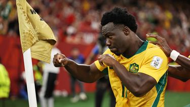 Nestory Irankunda (17), de la selección de Australia, festeja su gol ante Turquía en un encuentro del Mundial efectuado el sábado 13 de junio de 2026 en Vancouver (AP Foto/Kaleb Tatum)