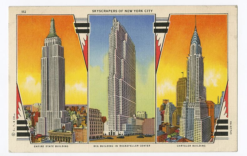 En esta imagen proporcionada por el Museo de la Ciudad de Nueva York, una postal que muestra el edificio Empire State, de izquierda a derecha, el edificio RCA y el edificio Chrysler. (Museum of the City of New York vía AP)