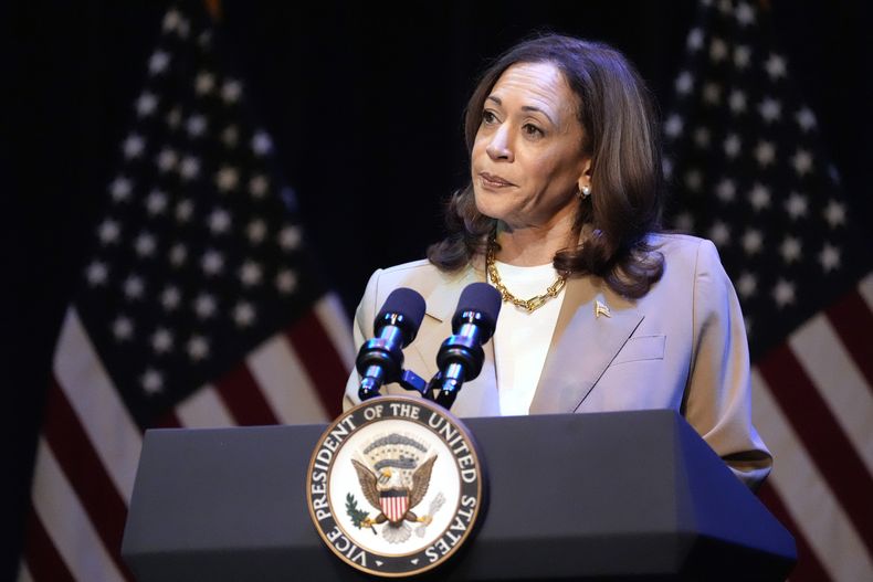 La vicepresidenta de EEUU Kamala Harris pronuncia un discurso en un acto de campaña en Pittsfield, Massachusetts, el sábado 27 de julio de 2024. (Foto AP/Stephanie Scarbrough)