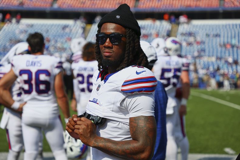 James Cook de los Bills de Buffalo durante un partido de pretemporada contra los Giants de Nueva York, el 9 de agosto de 2025, en Orchard Park, Nueva York. (AP Foto/Jeffrey T. Barnes)