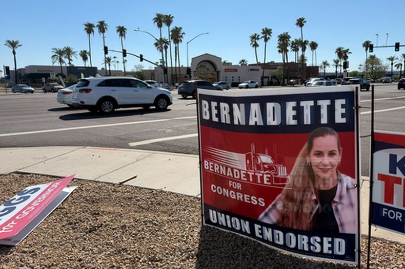 En esta imagen, tomada con un smartphone, un cartel de campaña de la candidata demócrata al congreso Bernadette Greene-Placentia, visto el 7 de octuvbre de 2026 en una intersección en Sun City, Arizona. (AP Foto/Mikella Schuettler)