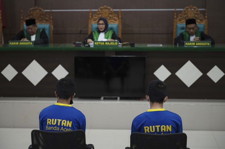 Dos hombres homosexuales se sientan en una sala de tribunal durante su juicio en una corte de Sharía en Banda Aceh, Indonesia, el lunes 24 de febrero de 2025. (AP Foto/ Reza Saifullah)