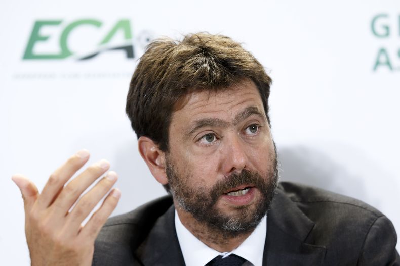 ARCHIVO - Andrea Agnelli, el entonces director ejecutivo de la Asociación de Clubes Europeos, durante una rueda de prensa, el 10 de septiembre de 2019, en Ginebra. (Salvatore Di Nolfi/Keystone vía AP)