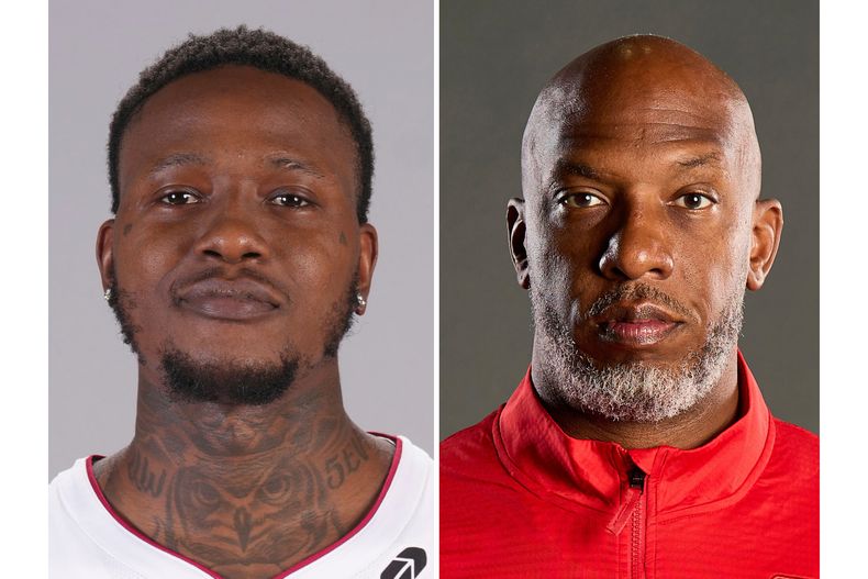 ARCHIVO - Este combo desde muestra a Terry Rozier, jugador del Heat de Miami, a la izquierda, y al entrenador Chauncey Billups de los Trail Blazers de Portland. (AP Foto)