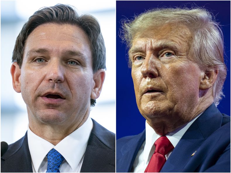 ARCHIVO - Esta combinación de fotografías muestra el gobernador de Florida, Ron DeSantis (izquierda) durante un evento en Oxon Hill, Maryland, el 21 de abril de 20203, y al expresidente Donald Trump en un evento en la misma ciudad pero el 4 de marzo de 2023. (AP Foto/Alex Brandon, Archivo)