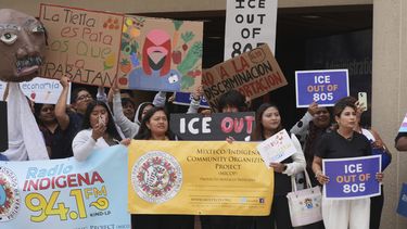 Manifestantes levantan carteles contra redadas migratorias el jueves 12 de junio de 2025 en Ventura, California. (AP Foto/Damian Dovarganes)
