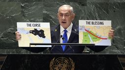 El primer ministro israelí Benjamin Netanyahu en la sede de las Naciones Unidas en Nueva York el 27 de septiembre del 2024. (AP Foto/Richard Drew)