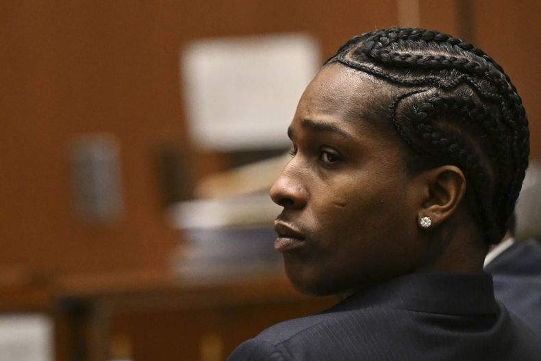 A$AP Rocky listens to closing arguments during his trial in Los Angeles, Friday, Feb. 14, 2025. (Patrick T. Fallon/Pool Photo via AP)