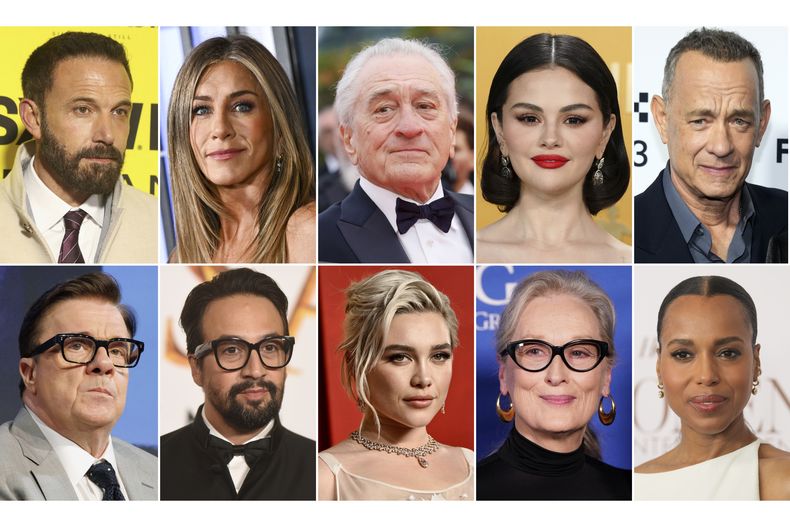 Esta combinación de fotografías muestra a celebridades, en la fila superior de izquierda a derecha: Ben Affleck, Jennifer Aniston, Robert De Niro, Selena Gomez, Tom Hanks, en la fila inferior de izquierda a derecha: Nathan Lane, Lin-Manuel Miranda, Florence Pugh, Meryl Streep y Kerry Washington. (Foto AP)