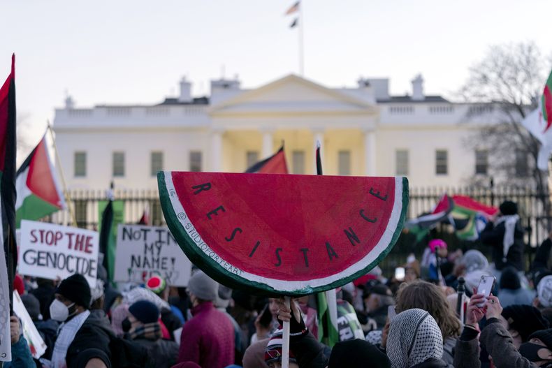 Manifestantes se concentran durante la marcha en Washington por Gaza cerca de la Casa Blanca en Washington, sábado 13 de enero de 2024. (AP Foto/Jose Luis Magana)