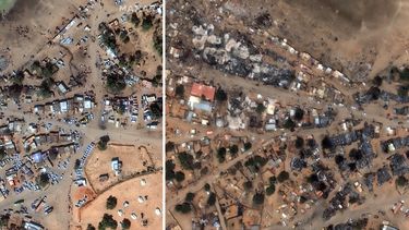 Esta combinación muestra el campo de refugiados de Zamzam y los edificios del mercado, a las afueras de la ciudad de al-Fasher, en la región sudanesa de Darfur, antes de ser atacados, el martes 14 de enero de 2025, a la izquierda, y después de ser atacados, el jueves 13 de febrero de 2025. (Maxar Technologies via AP)
