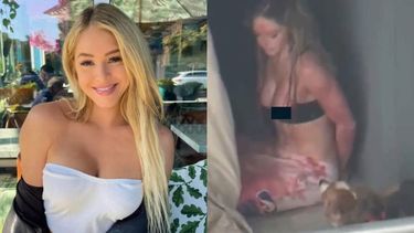 imagenes muestran a modelo de onlyfans cubierta de sangre siendo interrogada por policias junto a sus perros momentos despues de apunalar a muerte a su novio en apartamento de miami