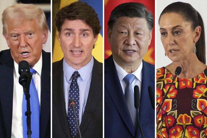Esta combinación de fotos muestra, desde la izquierda, al presidente estadounidense, Donald Trump, en Palm Beach, Florida, el 7 de febrero de 2025; al primer ministro canadiense, Justin Trudeau, en Kiev, Ucrania, el 10 de junio de 2023; al presidente de China, Xi Jinping, en Brasilia, Brasil, el 20 de noviembre de 2024; y a la presidenta mexicana, Claudia Sheinbaum, en Ciudad de México, el 27 de junio de 2024. (AP Foto)