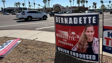 En esta imagen, tomada con un smartphone, un cartel de campaña de la candidata demócrata al congreso Bernadette Greene-Placentia, visto el 7 de octuvbre de 2026 en una intersección en Sun City, Arizona. (AP Foto/Mikella Schuettler)