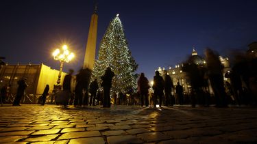 americateve | Turistas admiran el &aacute;rbol navide&ntilde;o encendido en el centro dela Plaza de San Pedro, en El Vaticano, el viernes, 13 de diciembre del 2013. EL abeto de 25 metros fue donado por una ciudad de Bavaria, Alemania.  (Foto AP/Andrew Medichini)
