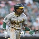 Esteury Ruiz, de los Atléticos de Oakland, conectó un sencillo productor de dos carreras en la sexta entrada del juego de béisbol en contra de los Tigres de Detroit, el miércoles 5 de julio de 2023, en Detroit. (AP Foto/Carlos Osorio)