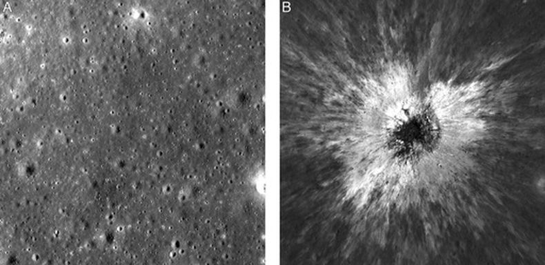 Esta combinación de fotos tomadas por el Orbitador de Reconocimiento Lunar de la NASA muestra la misma zona de la superficie lunar antes y después de la formación de un cráter recién descubierto en mayo de 2024. (NASA/Centro de Vuelos Espaciales Goddard/Intuitive Machines vía AP)