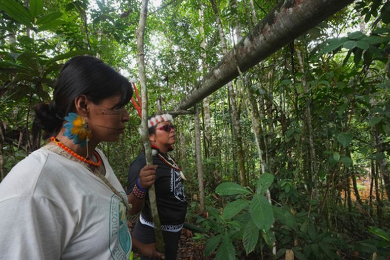 Toa Alvarado, izquierda, y Ene Nenquimo caminan junto a un oleoducto que atraviesa la selva tropical en Sucumbíos, Ecuador, el viernes 6 de marzo de 2026. (AP Foto/Dolores Ochoa)