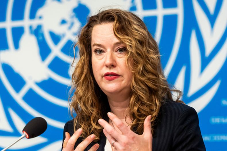 Amy Pope, directora general de la Organización Internacional para las Migraciones (OIM), durante una conferencia de prensa en la sede europea de Naciones Unidas, el martes 28 de julio de 2026, en Ginebra. (Salvatore Di Nolfi/Keystone vía AP)